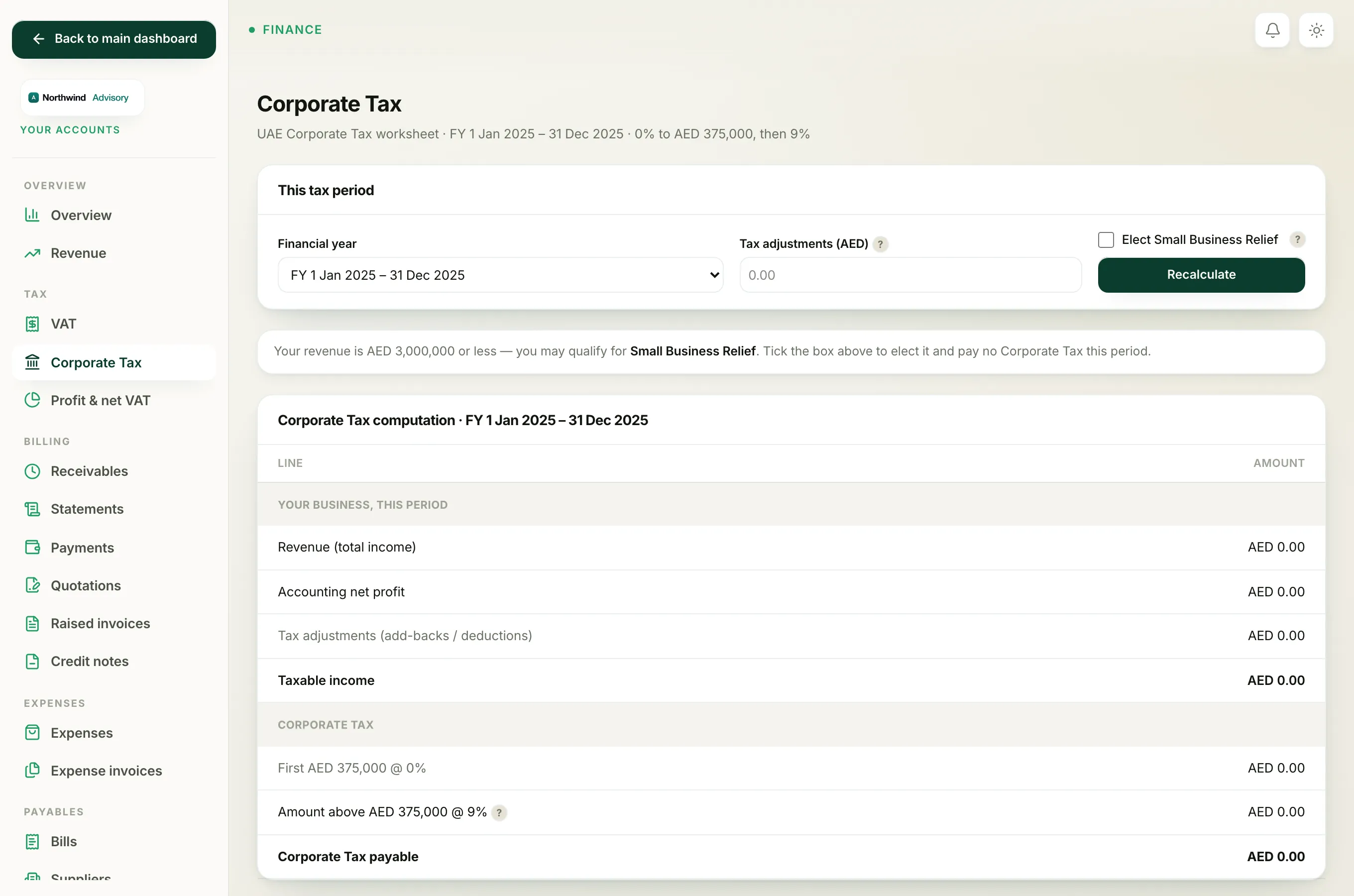 The Corporate Tax computation from revenue down to tax payable across the bands.