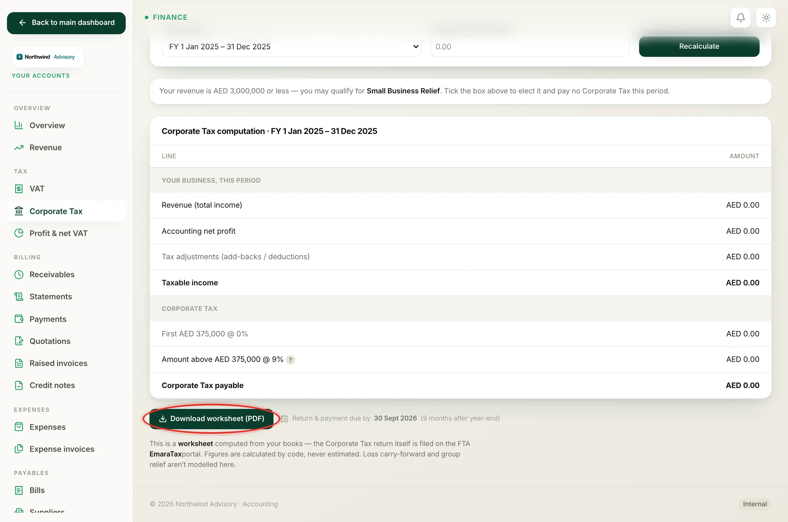 The due date and the button that saves a branded PDF of the worksheet.