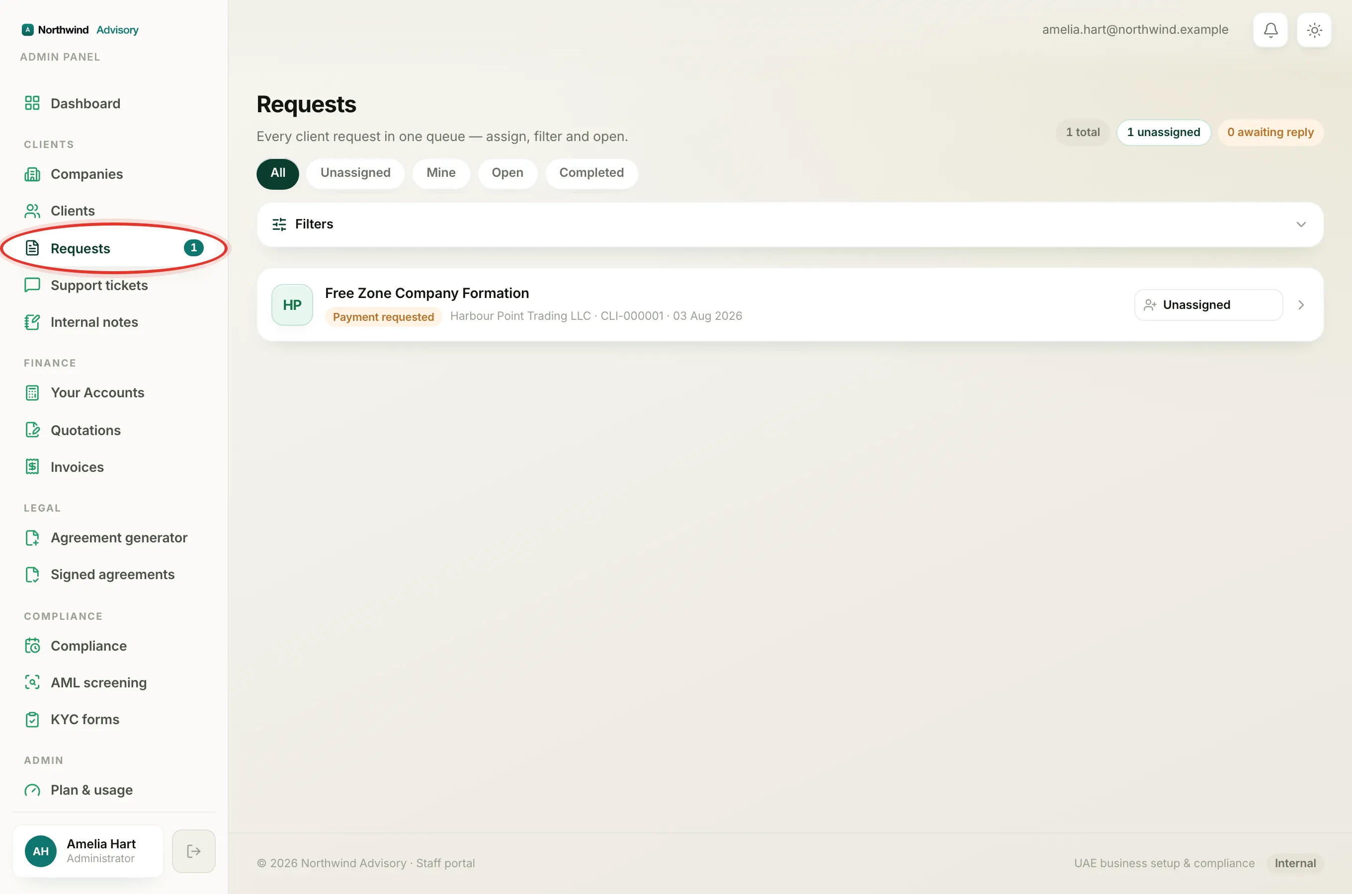 The Requests inbox opened from the left menu under Clients.