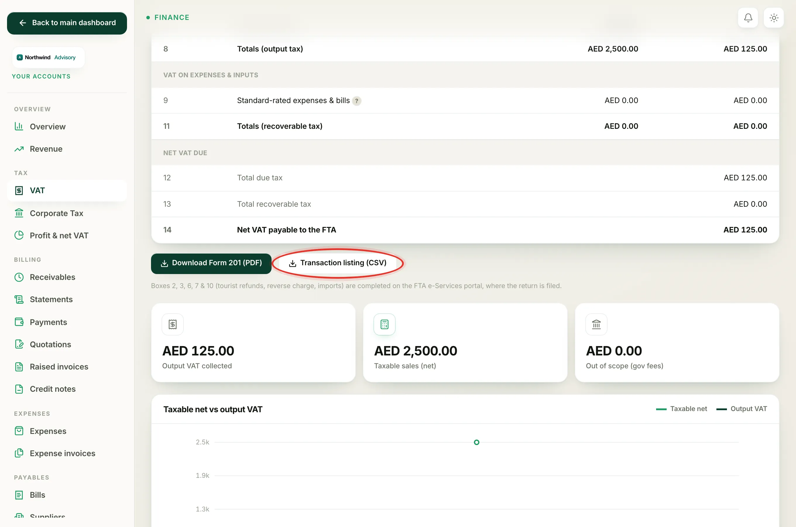 The Transaction listing CSV download below the on-screen VAT Form 201.