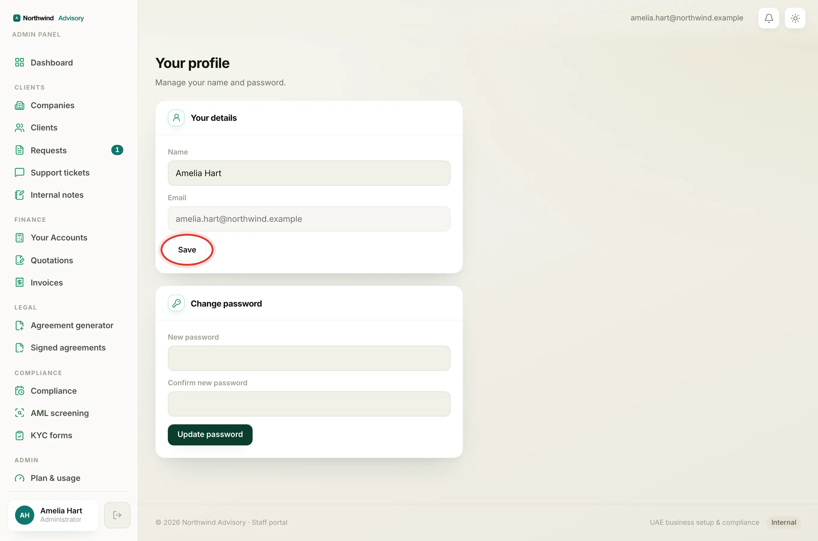 The Your details card where you type your display name and click Save.