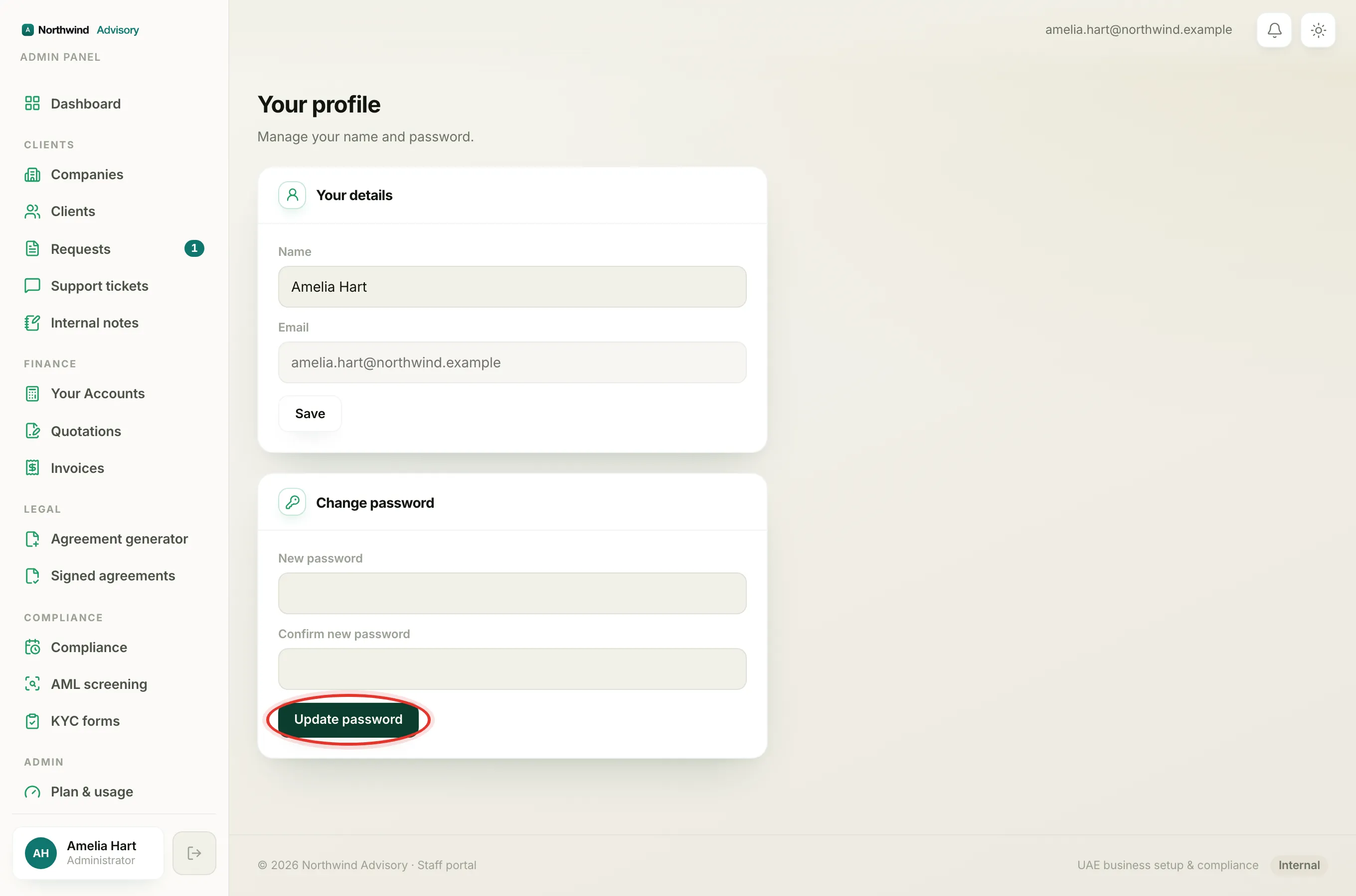 The Change password card with the current, new and confirm boxes and the Update password button.