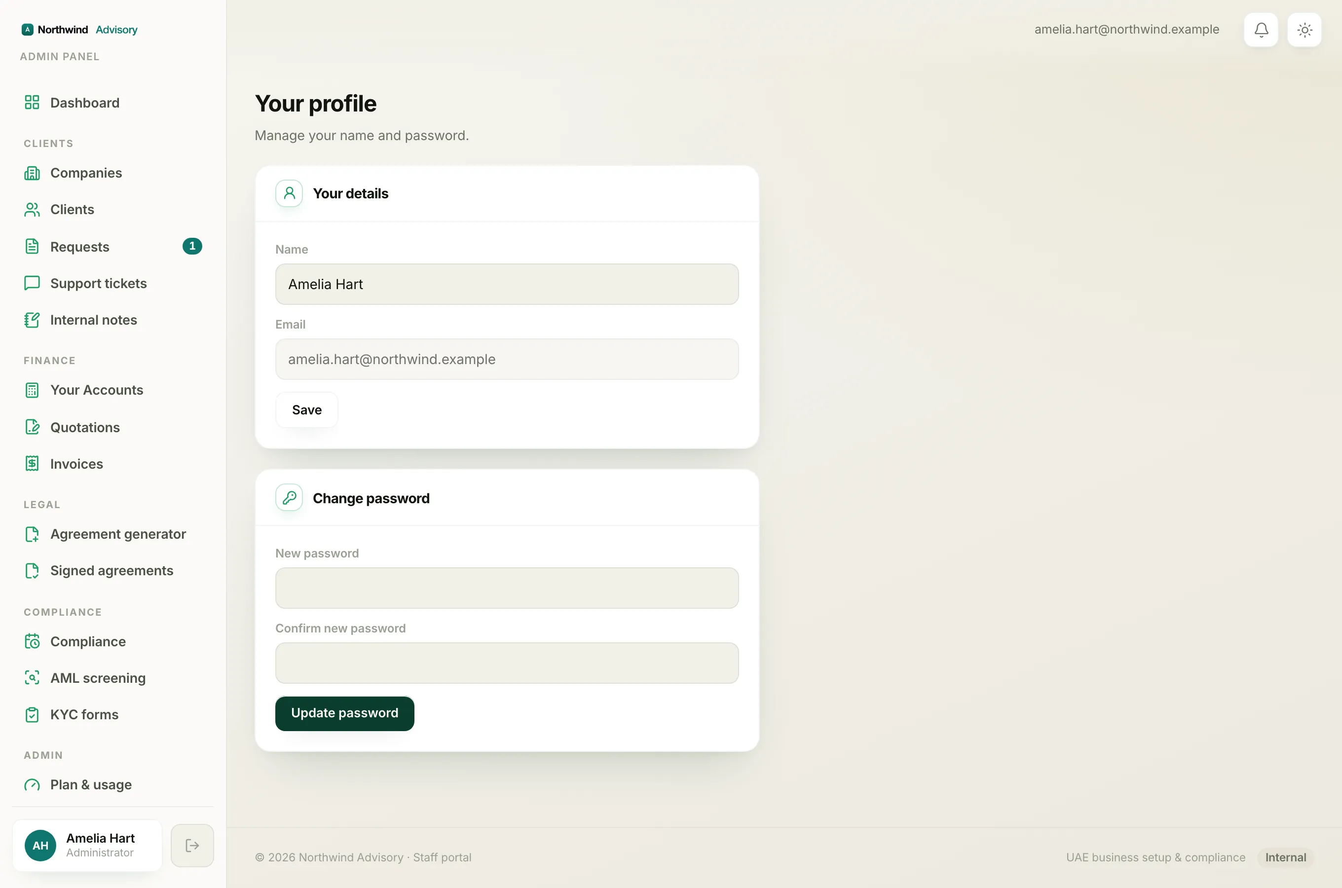 Your profile page headed Manage your name and password, opened from your name at the bottom of the menu.