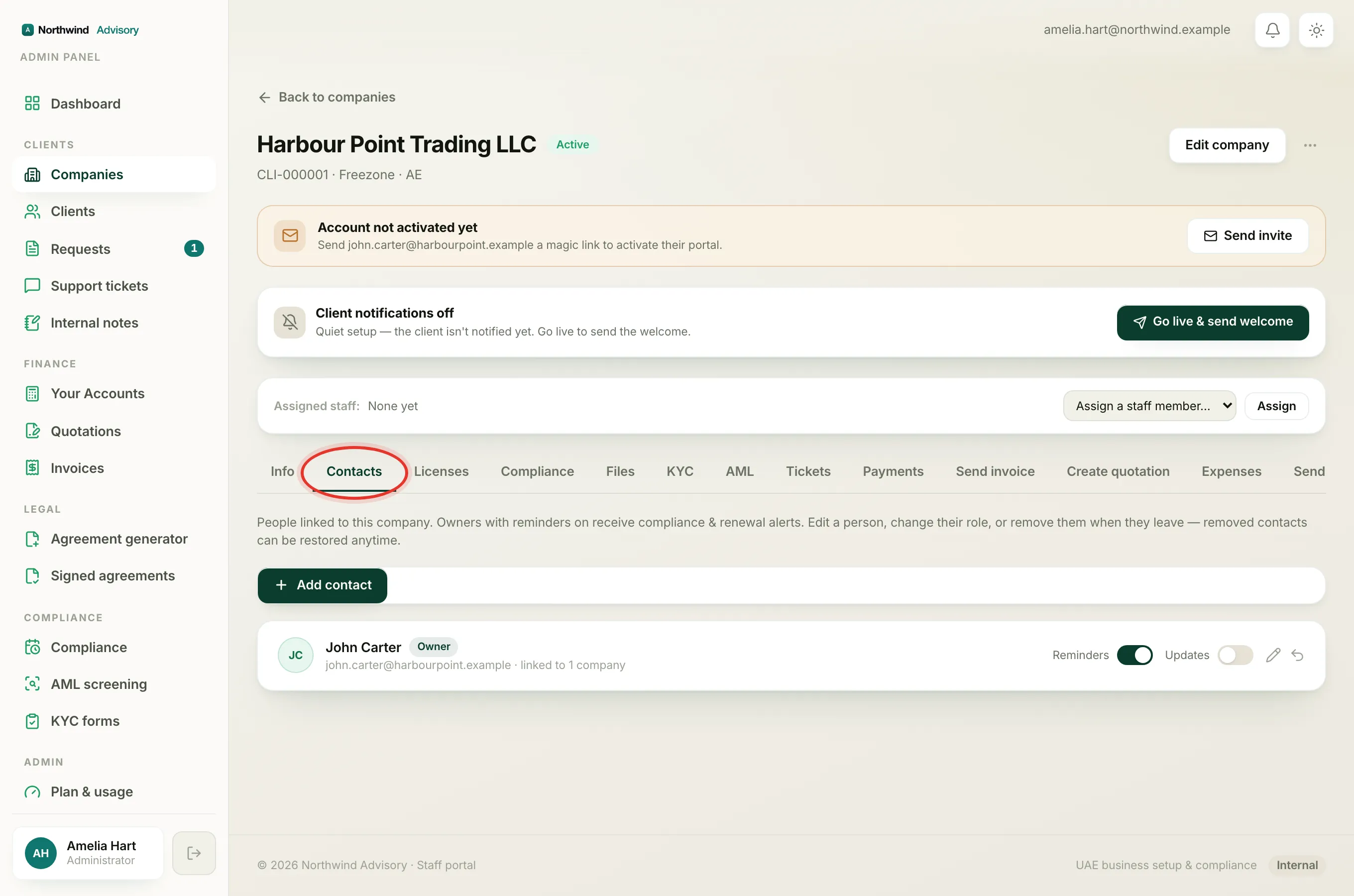 A client's name and phone also appear on the company Contacts tab, where your firm can update them too.