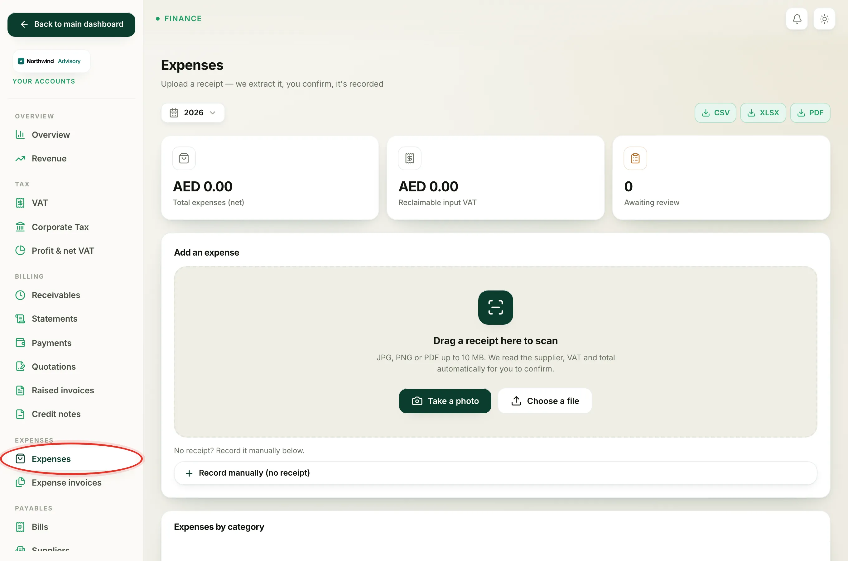 The Expenses screen opened from the Expenses section of the accounts menu.