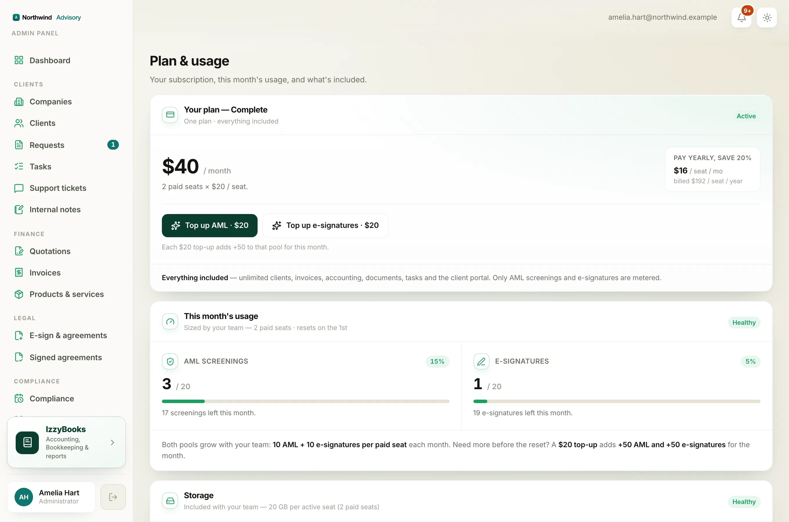 The Plan and usage screen with the plan card and the usage meters