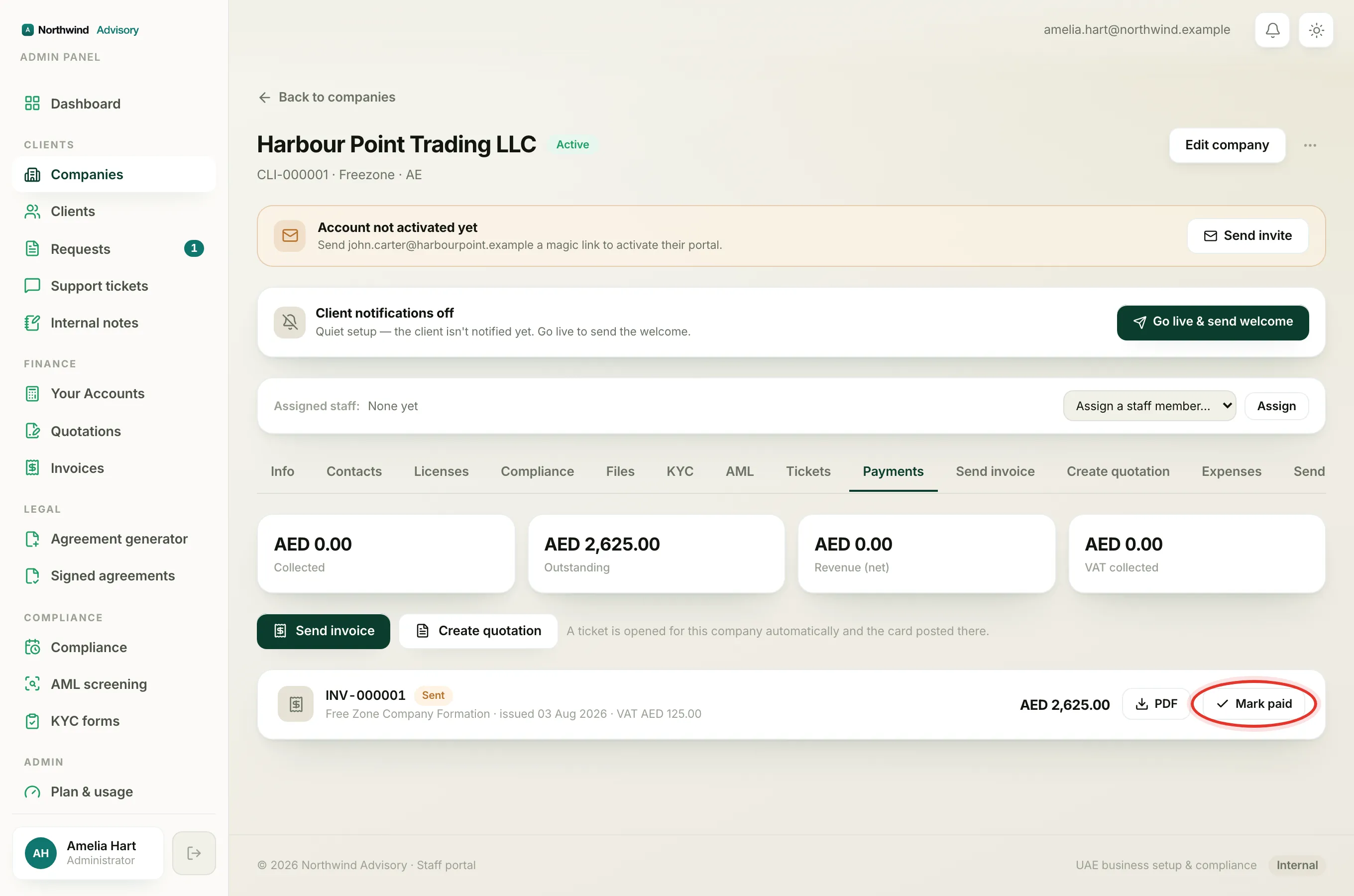 The Payments tab where you record a payment and mark an invoice paid to trigger the receipt.