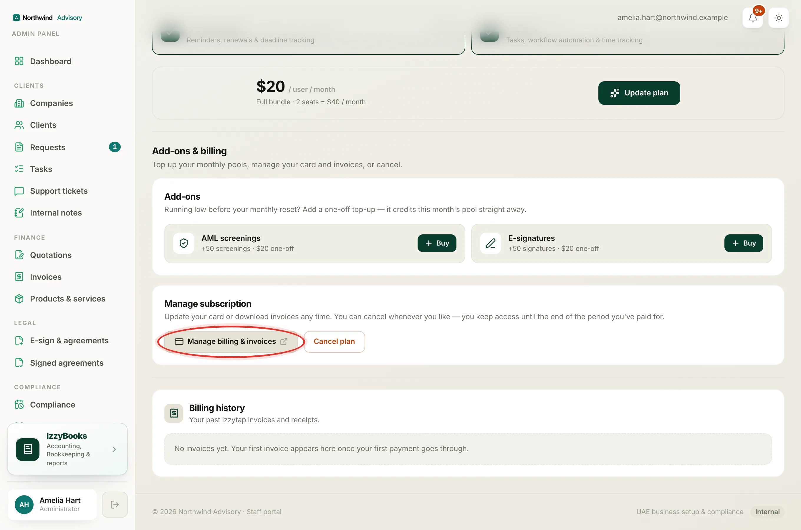 The Manage subscription controls, with the Manage billing and invoices button