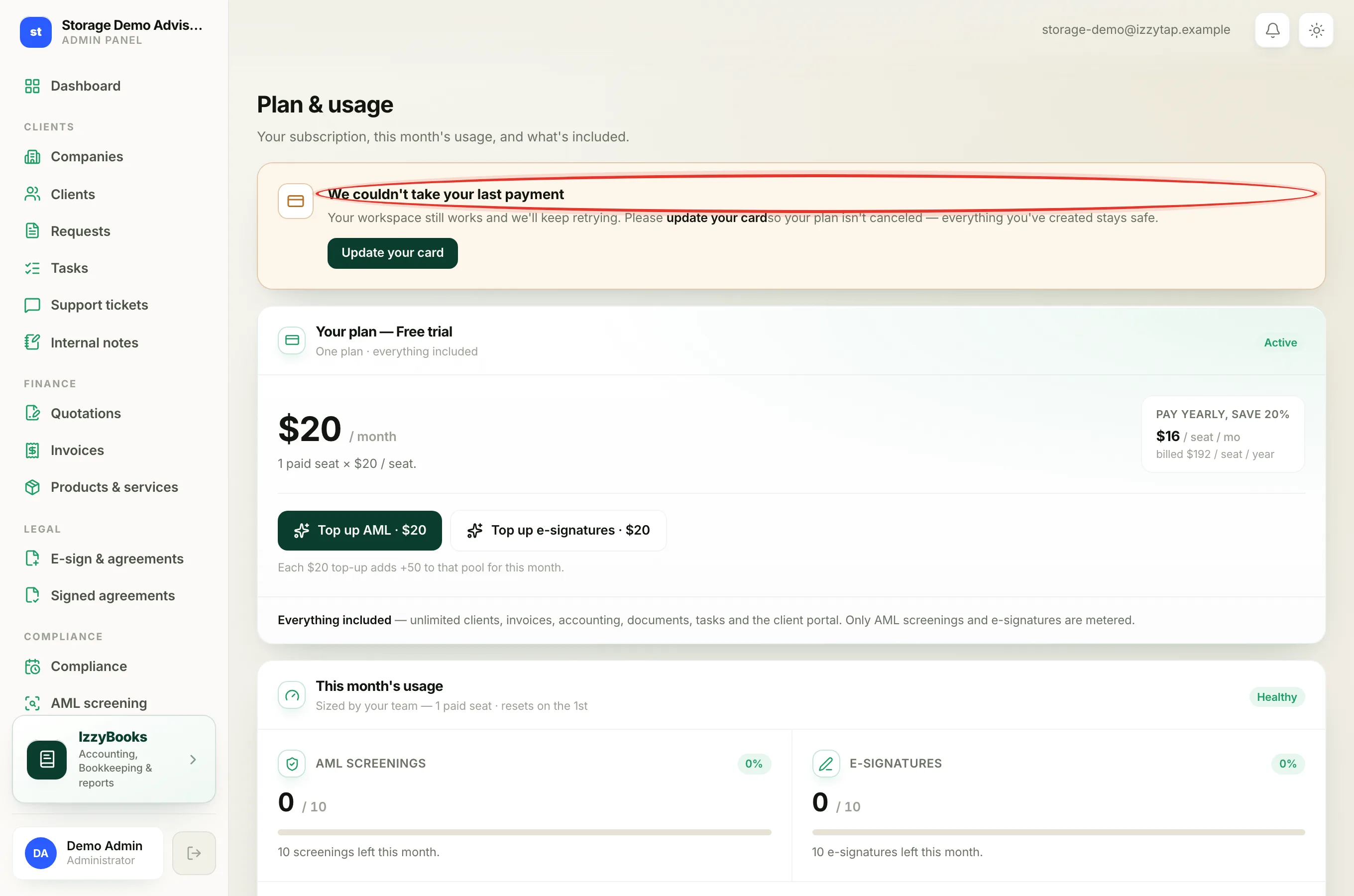 The Payment due reminder on the Plan and usage screen, with the Update your card button