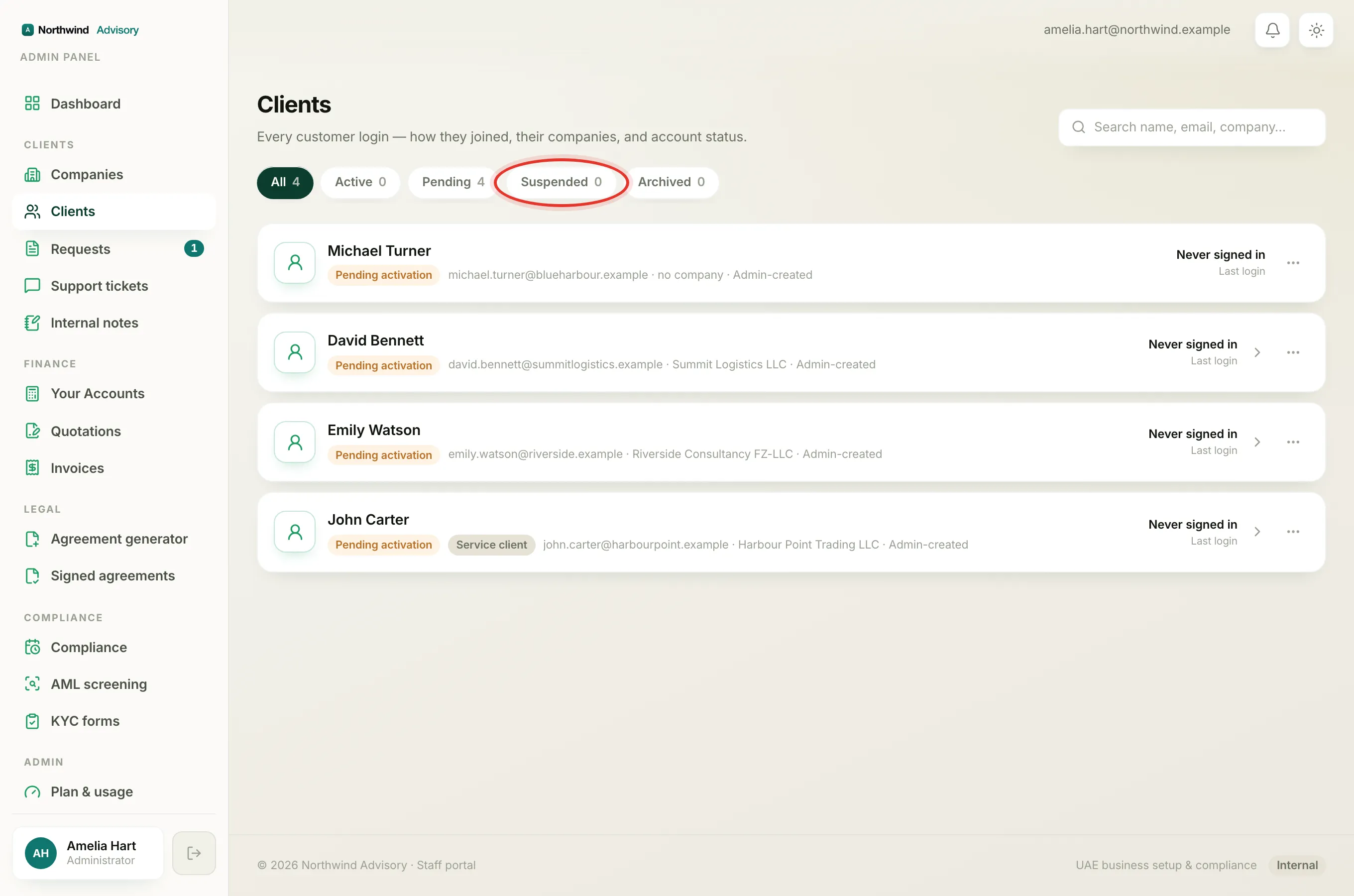 The Suspended tab on the Clients list where an admin can re-enable a blocked login.