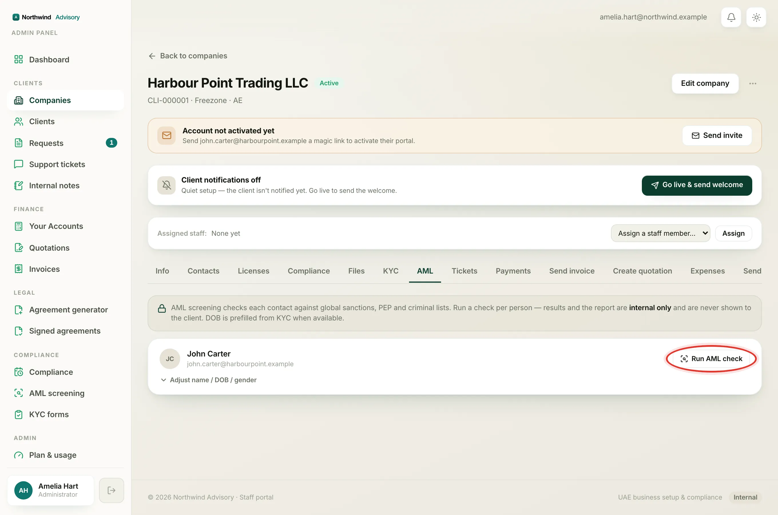 Running an AML check from a company's AML tab produces the same alerts, with the obvious non-matches cleared automatically.