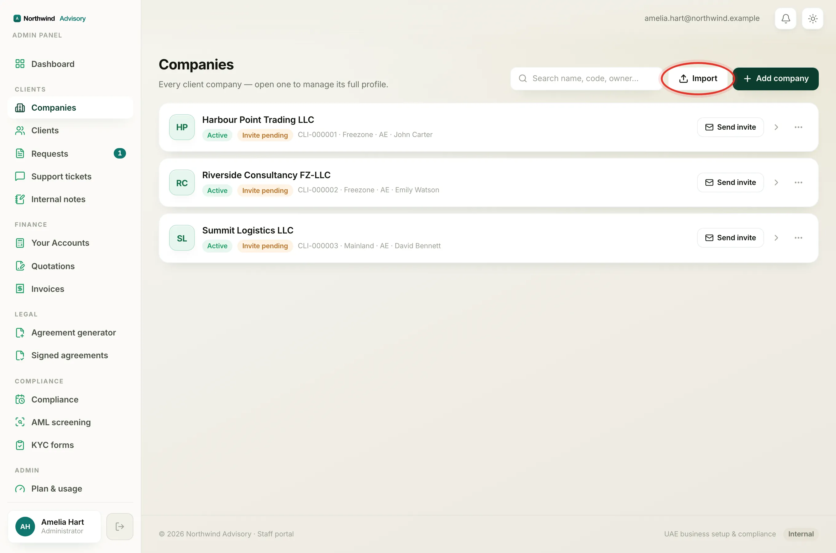 The Import button at the top of the Companies list starts a bulk upload.
