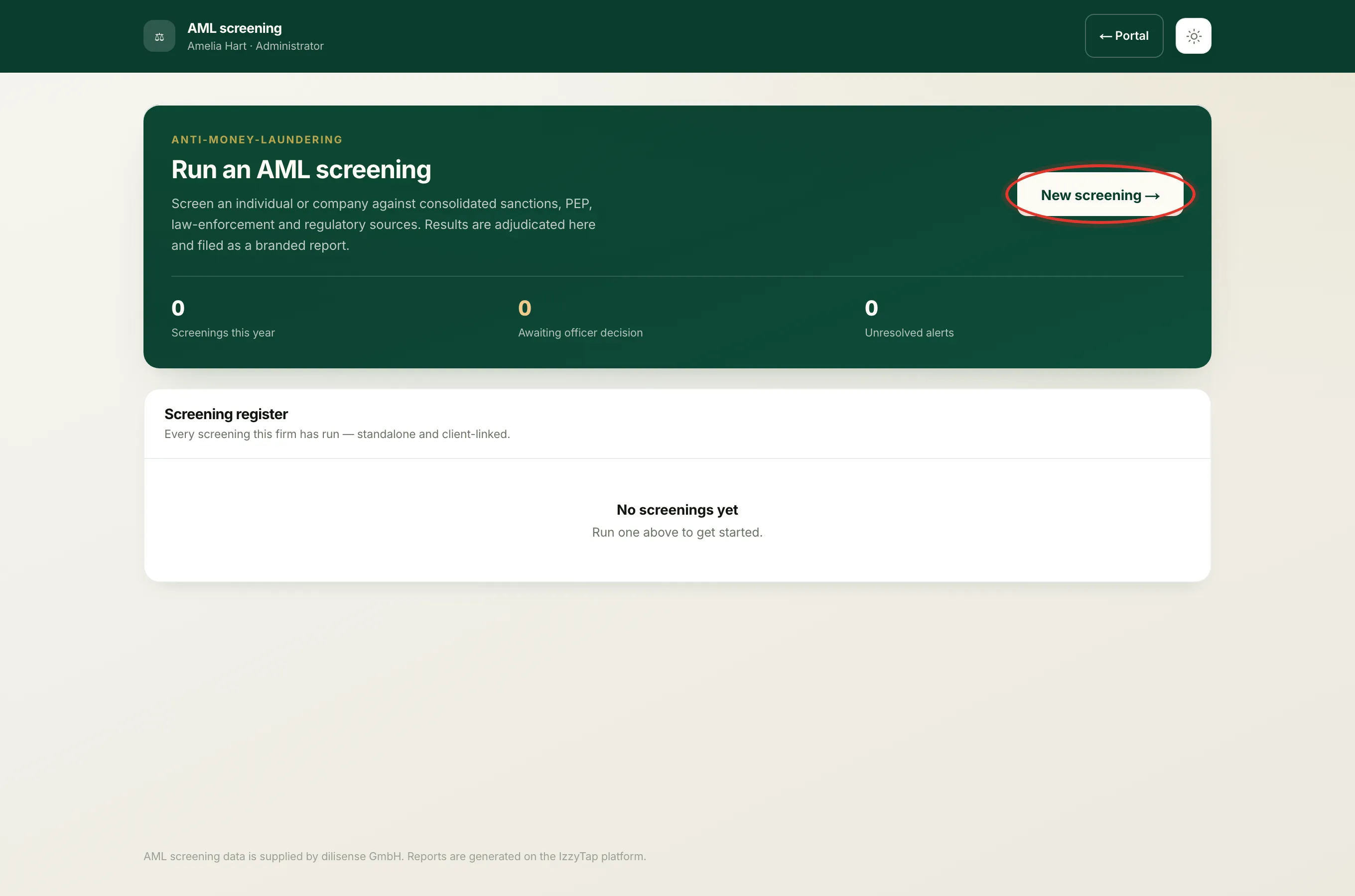The full screening register and New screening button seen only by staff who can run AML checks.