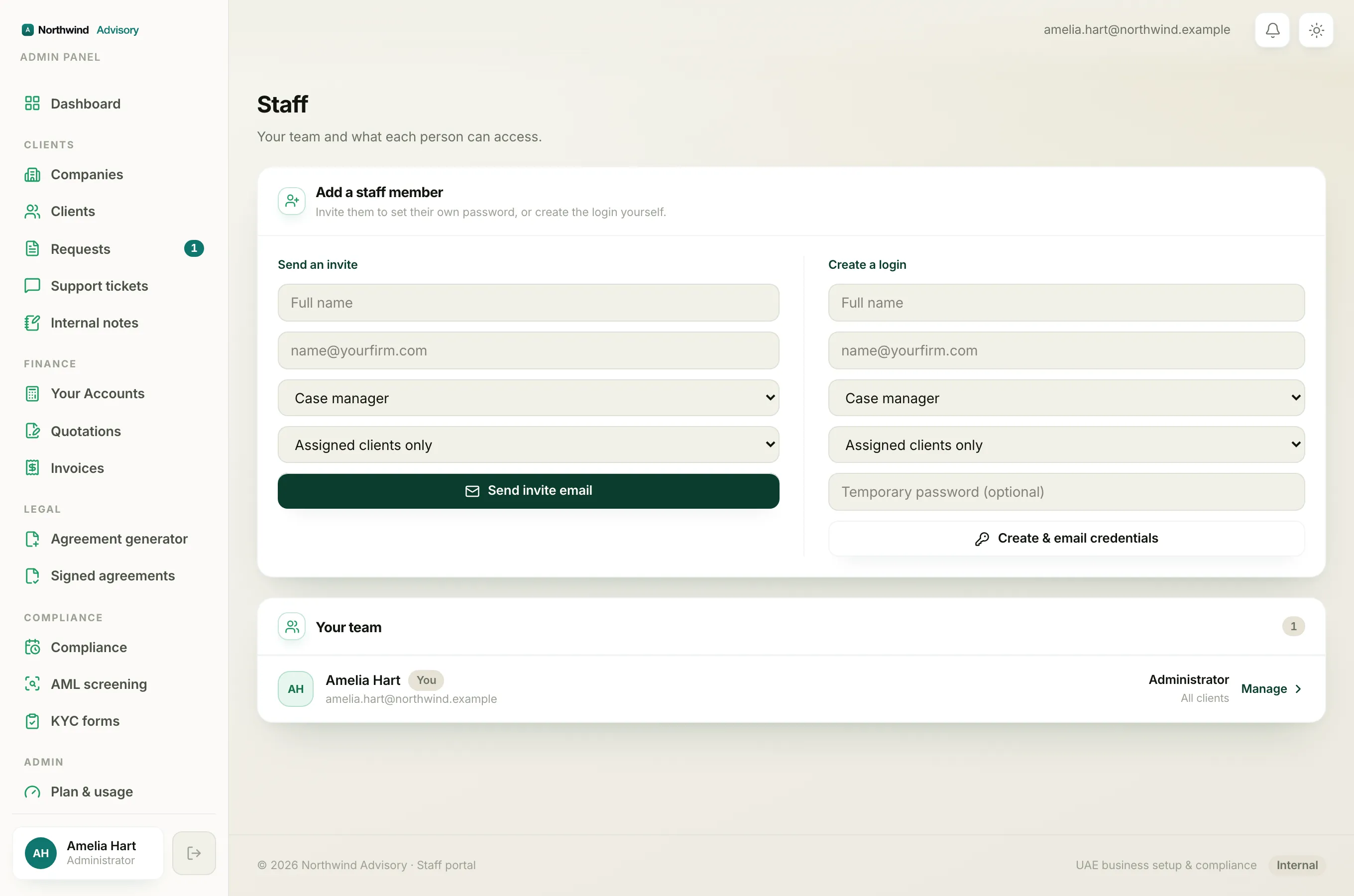 The Staff page where an administrator sets each teammate's role and AML access.