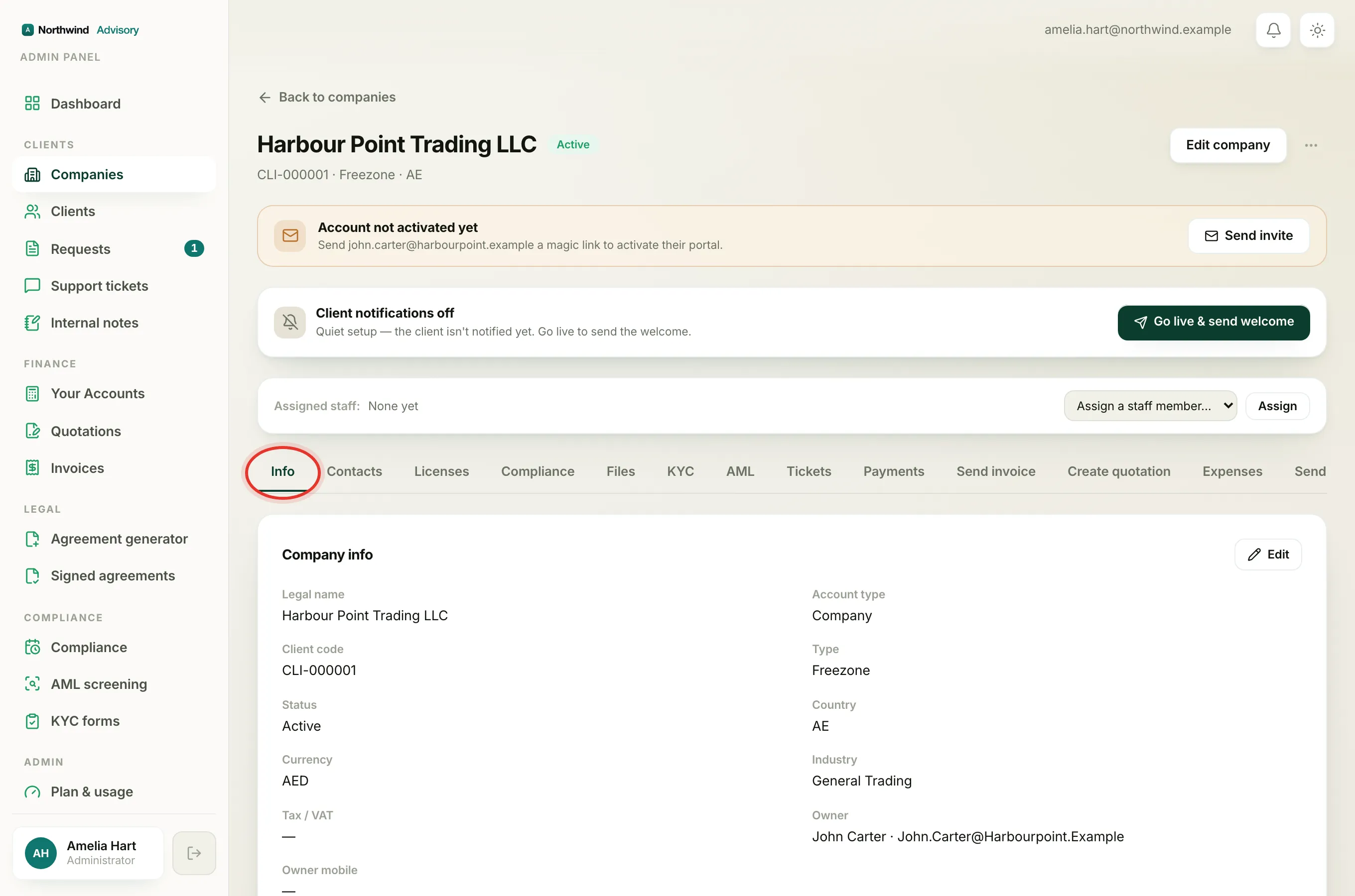 The company Info tab holds the name, TRN, and address the client sees as read-only in their portal.