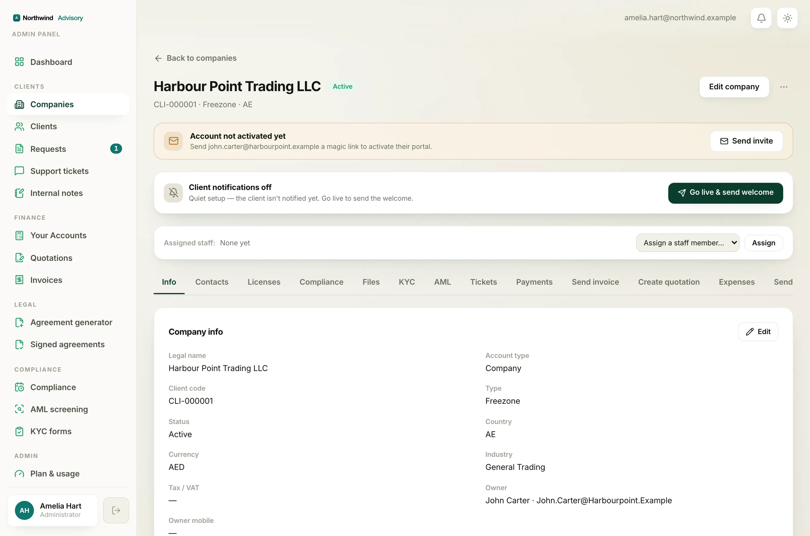 A company's on-hold or archived state is set by you on the company; the client only sees a notice.