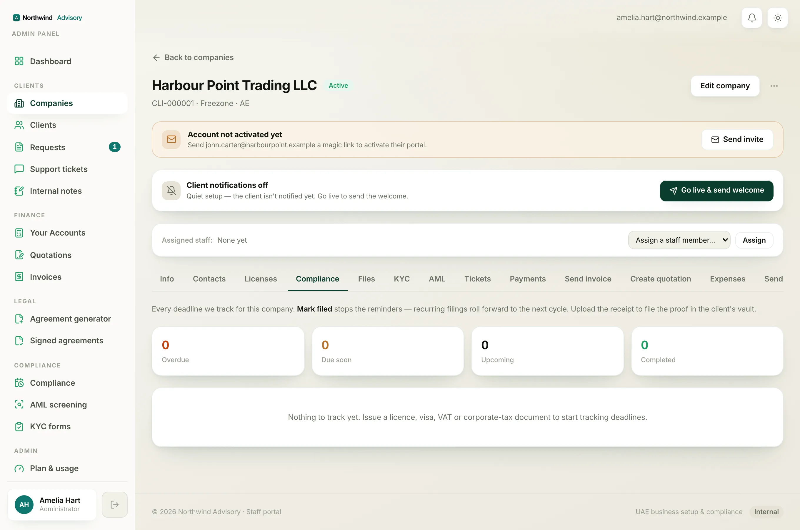 A company's Compliance tab where resolving an overdue item raises the score.